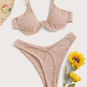 Pink Ribbed Underwire High Cut Bikini Swimsuit